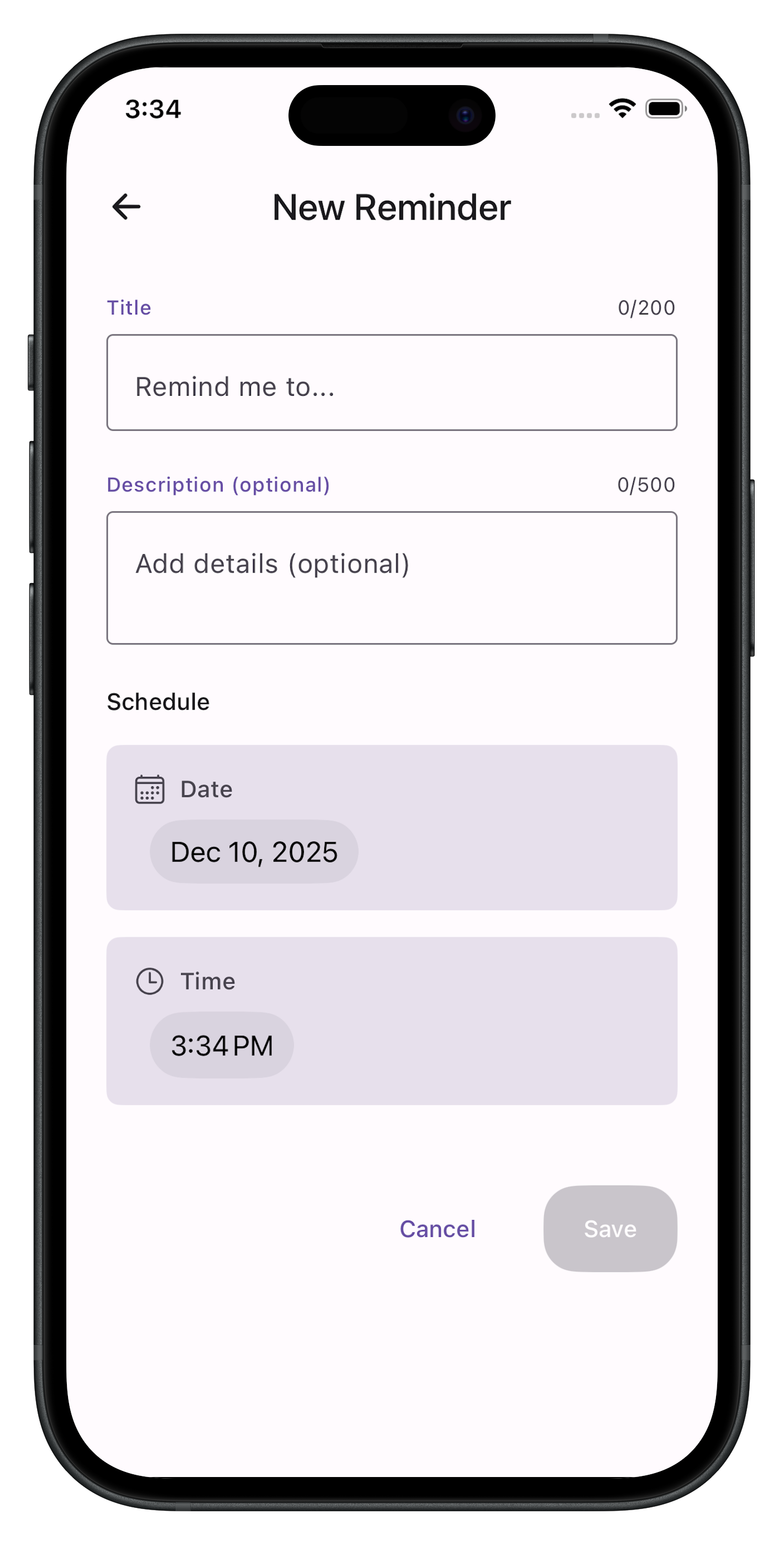Create reminder screen